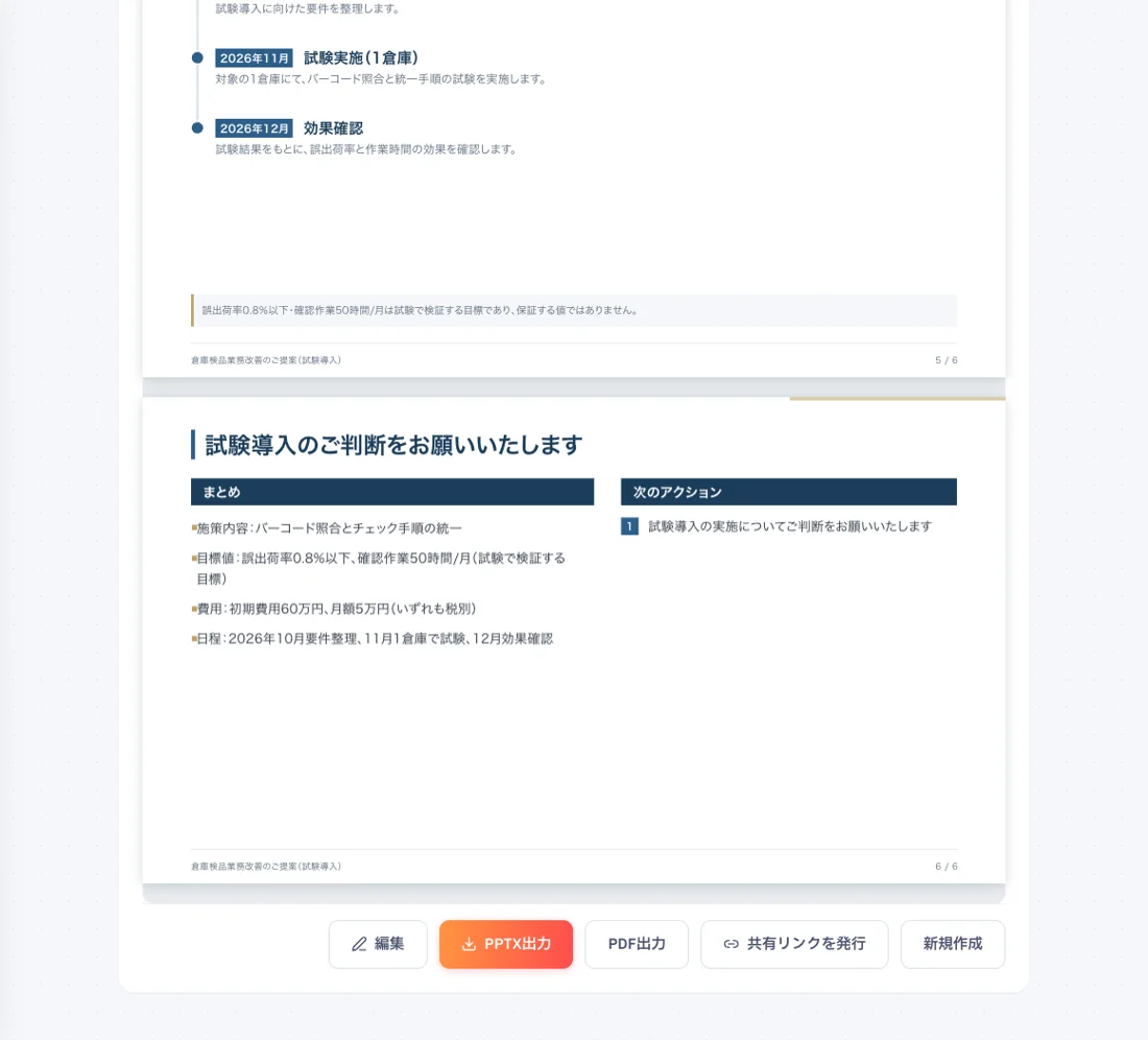 生成資料のプレビューと編集、PPTX出力、PDF出力の操作