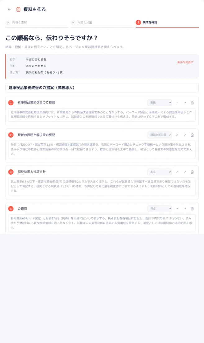 実際に生成した提案書の構成案を表示した画面