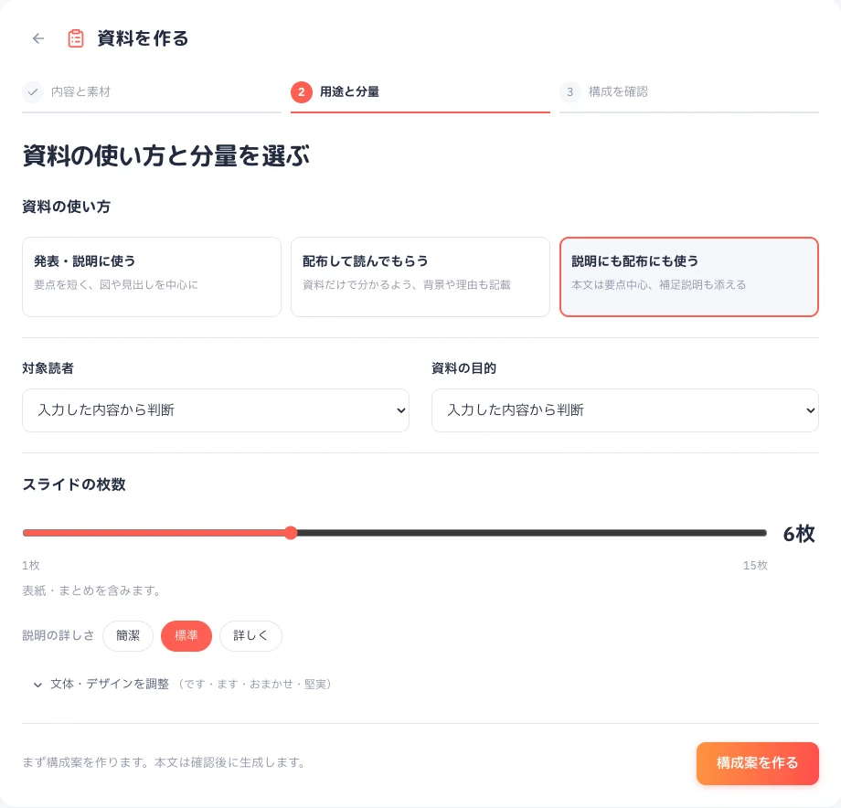 資料の使い方、対象読者、目的、枚数を選ぶ画面